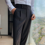 New Design Men High Waist Trousers Solid England Business Casual Suit Pants Belt Straight Slim Fit Bottoms White