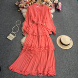Net Color Chiffon Long-Sleeved Cake Skirt-Outfit