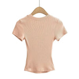 Trend Women's Wear Thread Slim Short-Sleeved T-Shirt Sexy Round Collar Solid Color Shoulder Show Thin Short Navel Blouse-Outfit