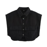 Fongt Color Women's Clothing 2025 Spring Solid Color Big Pocket Sleeveless Polo Collared Denim Shirt Blouse