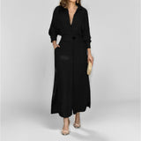 Fongt 2024 New Temperament Female Commuter Belt Solid Color Waist Long Sleeve Irregular Shirt Dress