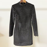 STREET 2022 Newest Designer Dress Women's Long Sleeve Plaid Glitter Sequined Sheath Velvet Mini
