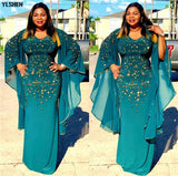 New African Dresses for Women Dashiki Diamond African Clothes Bazin Broder Riche Sexy Slim Ruffle Sleeve Robe Evening Long