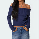 Fongt 2025 New Knitted Top Women's Clothing Pure Color Collar Shoulder Long-Sleeved Cover Sweater Woman