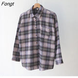 Retro Flannel Brushed Thick Plaid Shirts Women Fall 2022 Korean Fashion Baggy Blouse Female Causal Long Sleeve Tops