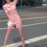 POLO Collar Blue Mini Dress Women Casual Sheath Button Short Sleeve Solid Knitted Dresses Lady Outfit 2021