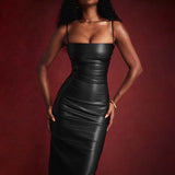 Fongt Women's Sexy PU Slip Dress Slim Back Strap Wrap Hip Long Skirt Slit Dress-Outfit