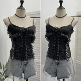 Real Shooting Do The Old Fur Side Of The Denim Splicing Pu Skin Lace Sling Vest Short Without Sleeve Top