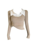 Winter Fashion Women's Fake Two Piece Lapel Collar Knitwear Sweaters Black Casual Slim Pullover Tops All-Match Korean