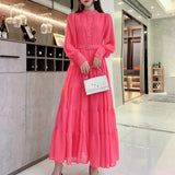 Fongt New V-Neck Single-Drenchee Chiffon French Retro Dress Thin A-Character Long Dress Women's Bubble Cuff