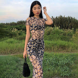 Dress Mesh Transparent Maxi Dresses Y2K Aesthetic Short Sleeve Skinny Bodycon 90s Vintage Long Dress Summer
