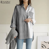 Korean Patchwork Tops Office Lady Spring Lapel Blusa Casual Long Sleeves Shirts Womens 2021 Cotton Linen Blouse