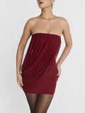 Burgundy Strapless Draped Mini Dress-Outfit