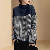 Autumn Winter Vintage Striped Patchwork Loose Knitted Sweaters Female Fashion Korean Warm Thick Half High Collar Jumpers-Outfit