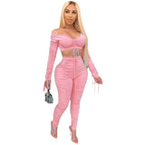Up Drawstring Two Piece Set Women Off Shoulder Crop Top Ruched Stacked Pants Elegant 2 Piece Set Club Outfits Matching Sets-Outfit