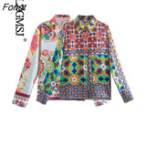 Spring 2023 Women Vintage Print Shirt Long Sleeve Single Breasted Blouse Chic Female Satin Tops Blusas Mujer