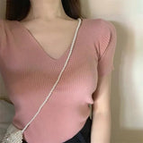 Summer V Neck Short Sleeve Sweater Knitted Fashion Sweaters For Women Pullover Jumper Pull Femme Truien