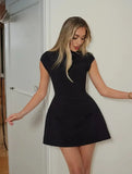 Fongt Spring And Summer New Women's Pure Color Round Neck Pocket Design Waist Repair Dress