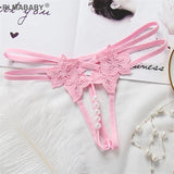 Hollow Out Hot Women Lingerie G-String Double Strap Pearl Massage Underwear Thong Solid Color Low Waist Temptation