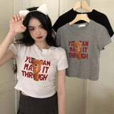 Fongt 2023 New Korean Letter Bear Print Short-Sleeved T-Shirt Women Slim Short Top Women's