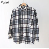 Retro Flannel Brushed Thick Plaid Shirts Women Fall 2022 Korean Fashion Baggy Blouse Female Causal Long Sleeve Tops
