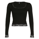 Girl Style Sexy U-Collar Lace Bow Stitching Slim Long-Sleeved Pure Black T-Shirt New Style-Outfit