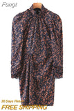Daisy Print Ruched Winter Dress Women Elegant Long Sleeve Turtleneck Ruffle Autumn Green Dress Chic Vintage Short