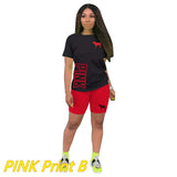 PINK Letter Print Gradient Two Piece Sets Women Round Neck Short Sleeve Top + Shorts Tracksuits Summer Fashion