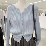 Gentle Style Sweater Spring And Autumn New Solid Color Gold Button V Neckline Sweater Cardigan Short Outer Coat-Outfit