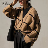 2021 Oversized Cardigan Women V Neck Autumn Winter Long Sleeve Brown Loose Casual Sweater Knitted
