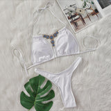 Fongt New Bikini Crystal Diamond Split Women's Swimsuit Plain Color Strap