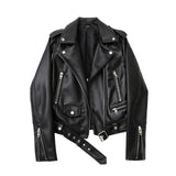 Fongt and Autumn 2023 New faux leather PU jacket with belt women's lapel motorcycle jacket black zip biker jacket 1127-0-Outfit