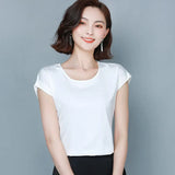 Women Blouse 2022 New Simple Solid Silk Shirts Elegant Women Loose Round Collar Short Sleeve Womens Clothing 9227