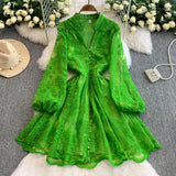 Fongt Spring And Summer Sweet Court Style V Collar Lantern Sleeve Fashion Embroidery Spoon Thin A Word Elegant Dress Woman Trend