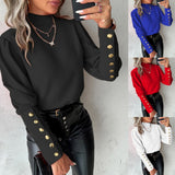 Wise Burst Spring And Autumn Long Sleeve Pure Color Lace Round Collar Button Shirt Shirt Woman-Outfit