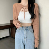 Short Cardigan Women Long Sleeve Thin Open Stitch Knitted Sweater Shirts Female Solid Shawl-Outfit
