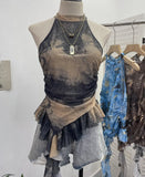 Trend Irregular Hanging Neck Dyeing Net Yarn Vest Lotus Side Ribbon Short Sleeveless Top