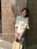 Fongt Xixi 2025 Autumn New White Standard Simple Temperament Collar Wool Solid Color Knitted Short-Sleeved Women's Top 25332