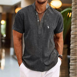 Fongt New Men's Plus Size Solid Color Henry Collar Short Sleeve Shirt Cover Shape Simple Shirt-Outfit