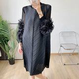 Ruffles Sleeves Pleated Dress For Women Round Neck Solid Color Patchwork Dresses Female 2024 Elegant Clothing TH3540-Outfit