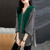 Striped Patchwork Letter Blouse Fake Two Pieces Spring Autumn Elegant V-Neck Single-breasted Female Clothing Loose Shirt-Outfit