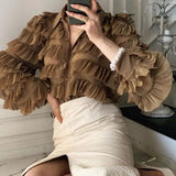 New Korean Heavy Work Cupcake Ruffles Blouse Women Turn Down Collar Long Sleeve Tops Loose Blusas Ol Feminino Shirt