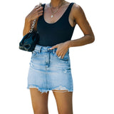 Fongt Summer Net Red With High-Waisted Hole Cowboy Half-Dress Water Wash Side Cowboy Ass Skirt