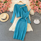 2023 Loose Round Collar Slim Short Knit Top Two Suit Slip Vest Dress Slim Dress-Outfit