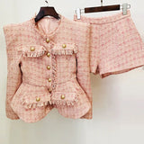 Fongt New Autumn And Winter Small Fragrant White Bright Silk Coarse Flowers Jacket Shorts Set Two Sets