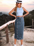 Side Slit Buttoned Denim Midi Skir-Outfit