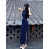 Fongt Chinese Style Improved Cheongsam Dress Women's Summer Small Temperament Chic Country Style Blue Bag Hip Long