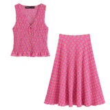 Fongt Summer New Women's Printed V-Neck Sleeveless Vest High-Waisted Midi Skirt Suit