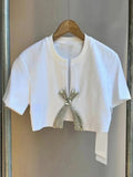 Fongt Simple Diamond Bow Bow Short-Sleeved T-Shirt 2025 New Trendy Niche Girl Open Fork Blouse Autumn And Winter