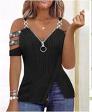 Fongt Hot Drill V Collar Off-The-Shoulder Metal Sling Zip Shoulder Sleeve Vest T-Shirt Pit Strip Small Shirt